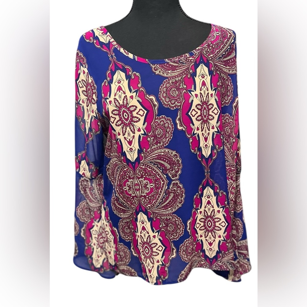 Pink Owl Womens Size Large Purple Magenta Semi Sheer Boho U Back Blouse EUC